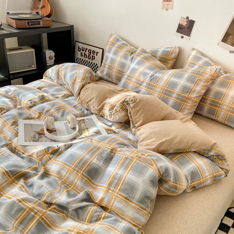 DecorBites™ Japanese Style Check Duvet Cover Set - Soft Washed Quilt Cover & Pillowcase