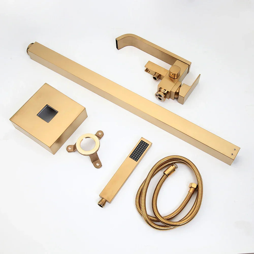 DecorBites™ Brushed Gold High Rise Round Bath Mixer Roman Tub Faucet Set Floor Stand