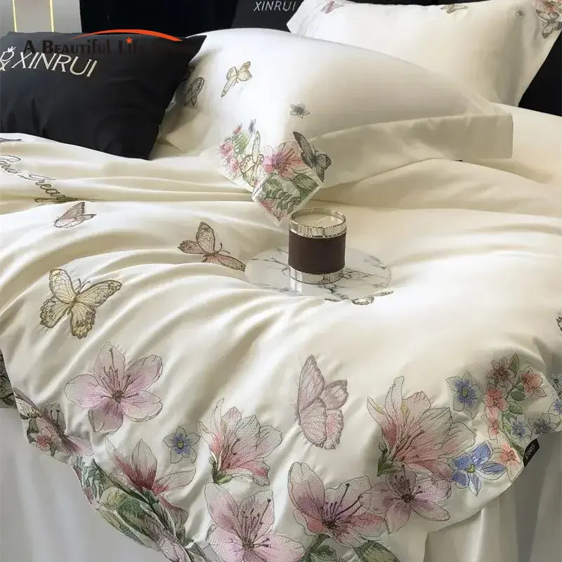 DecorBites™ Butterfly Flowers Embroidery Bedding Set: Silky Soft Eucalyptus Fiber Duvet Cover