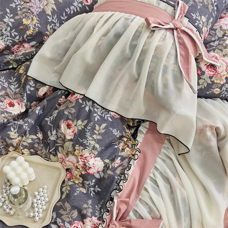 DecorBites™ Chiffon Lace Ruffles Princess Egyptian Cotton Bedding Set
