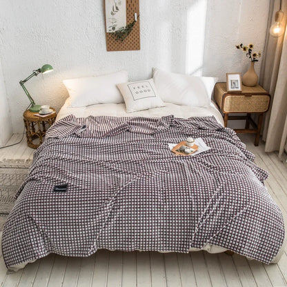 DecorBites™ Gray Plaid Coral Fleece Bed Blanket - Single/Queen/King Size Cozy Flannel Bedspread