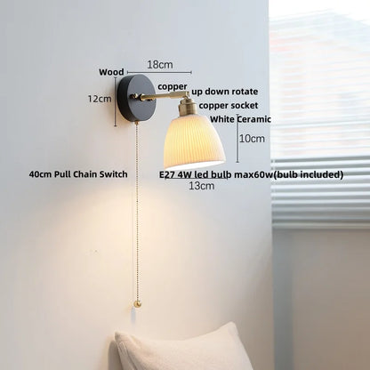 DecorBites™ Black Wood LED Wall Light with Pull Chain Switch, Rotating Japanese Style Bedside Lamp