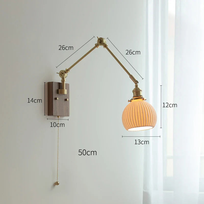 DecorBites™ Copper Swing Arm LED Wall Sconce Pull Chain Switch Rotate Walnut Canopy