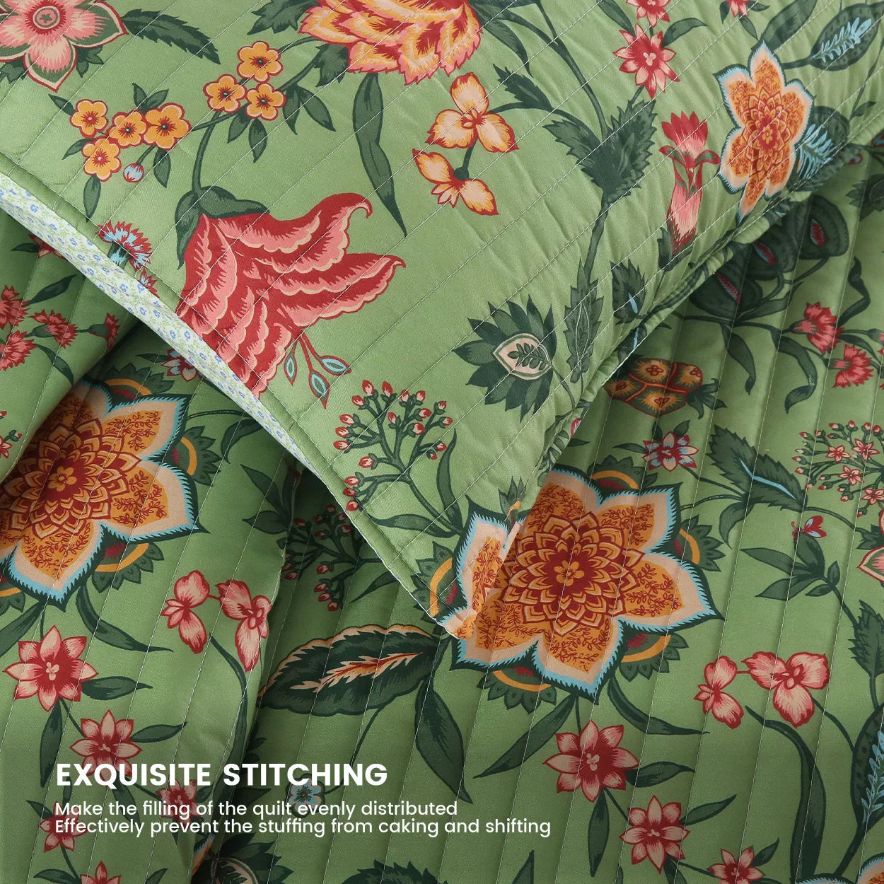 ™ Green Floral Quilt Set 3-Piece Oversized Bedding with Shams