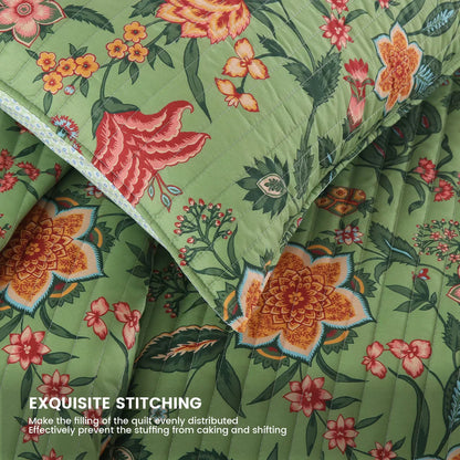 ™ Green Floral Quilt Set 3-Piece Oversized Bedding with Shams