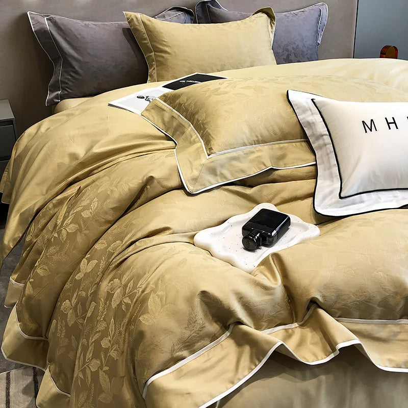 DecorBites™ Jacquard Satin & Egyptian Cotton Patchwork Bedding Set - 4pcs