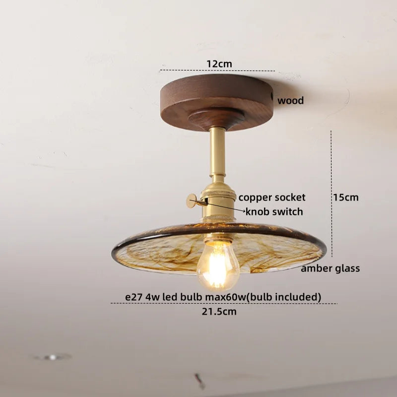 DecorBites™ Green Glass LED Ceiling Lights: Modern Copper Wood Indoor Lamp