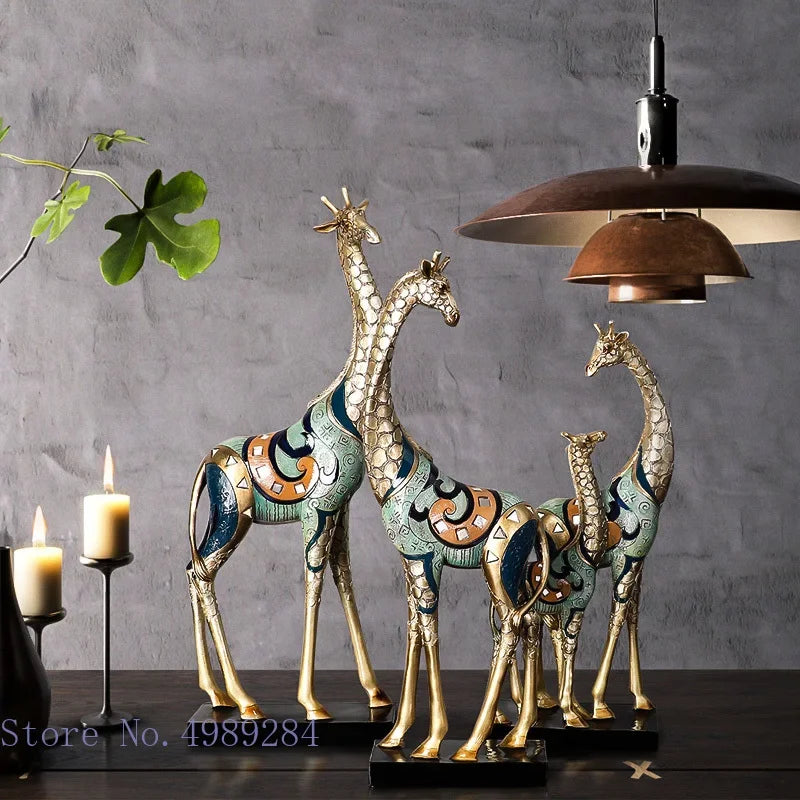 DecorBites™ Giraffe Mother and Child Painted Sculpture - Modern Home Decoration Golden Ornament