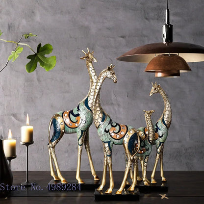 DecorBites™ Giraffe Mother and Child Painted Sculpture - Modern Home Decoration Golden Ornament