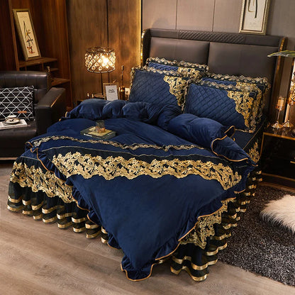 DecorBites™ Black Gold Lace Duvet Set, Luxury Crystal Velvet, Quilted Embroidery, Ruffle Bedding