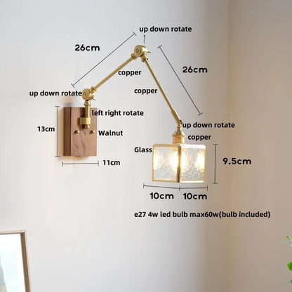 DecorBites™ Cube Glass LED Wall Sconce Walnut Wood 2 Arms Rotatable Mirror Light