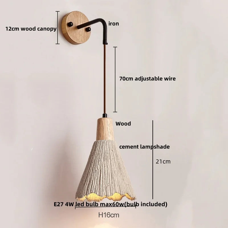 DecorBites™ LED Wall Light Fixture Cement Wood Base Bedside Lamp