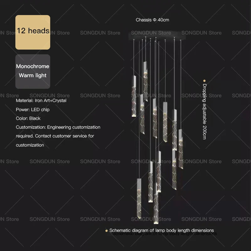 DecorBites™ Crystal Loft Chandelier for Duplex Living Room & Stairwell, Long Hanging Lighting