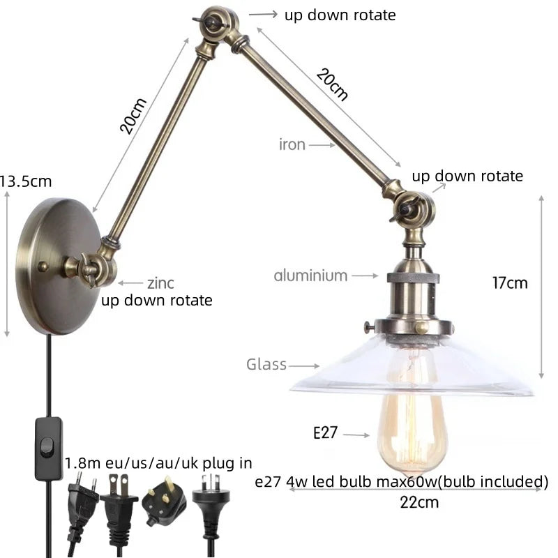 DecorBites™ LED Glass Swing Arm Wall Lamps for Bedroom, Bathroom, and Stairway