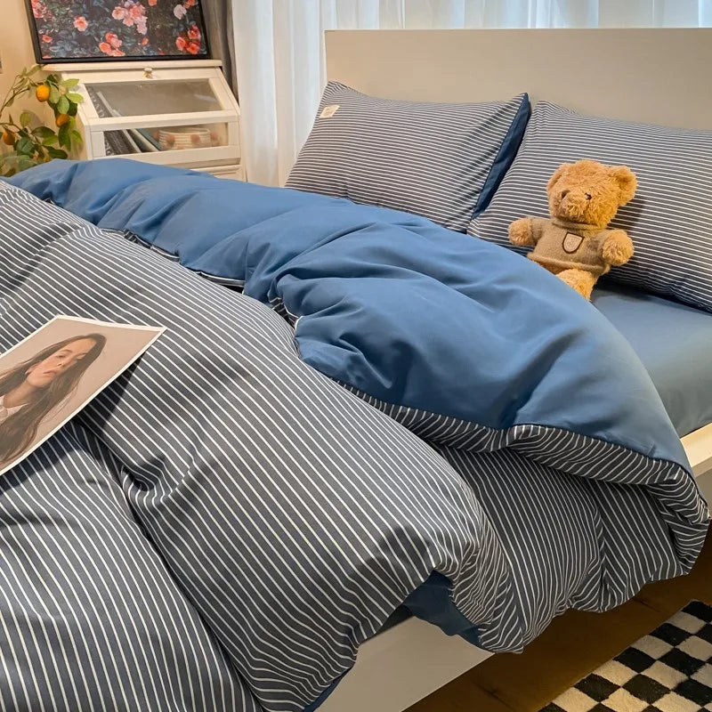 ™ Japanese Grid Printed Cotton Bedding Set in Queen/King for Cozy Sleep