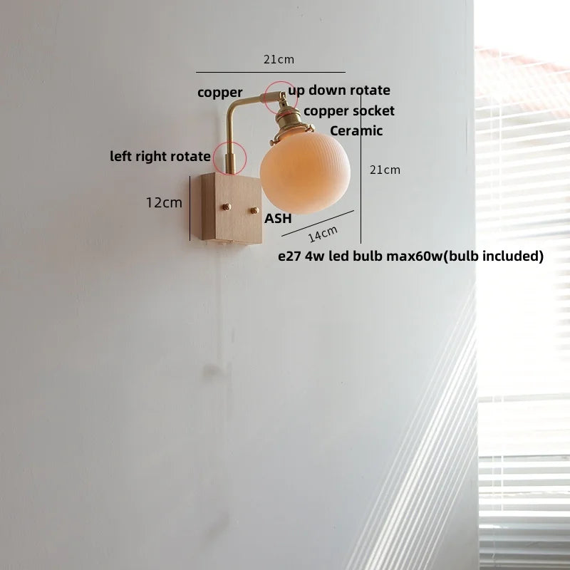 ™ Globe Ceramic Walnut Wood Wall Light with Pull Chain Switch and Rotatable Design