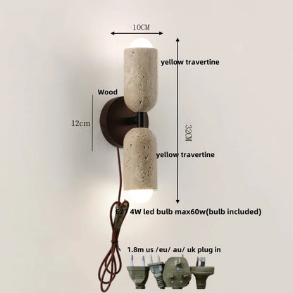 DecorBites™ LED Wall Light Fixture Yellow Travertine Stone Modern Bedside Lamp