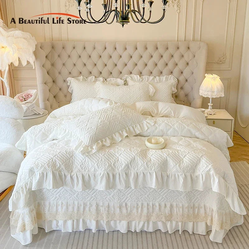 ™ Korean Princess Style Quilted Bedding Set with Lace Ruffles 200x230cm