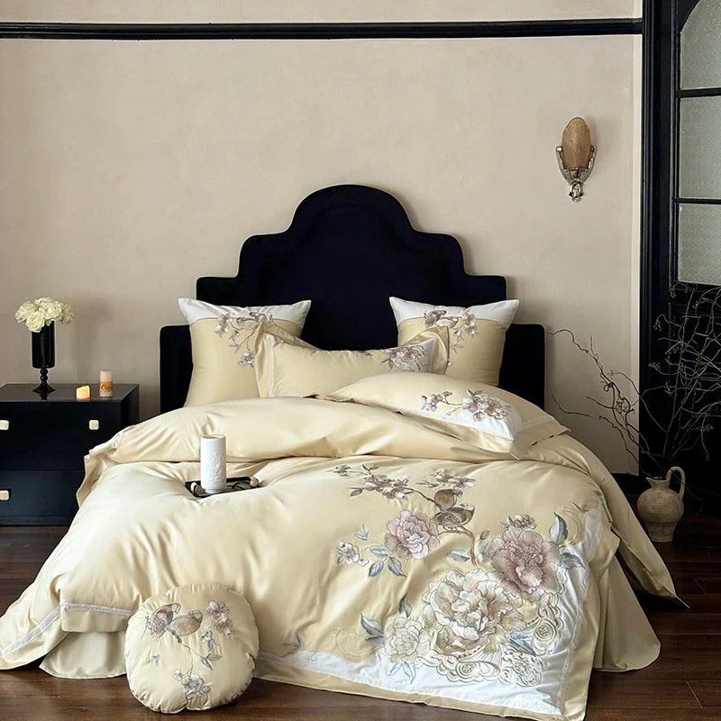 DecorBites™ 5-Piece Chinese Flowers Bird Embroidery Bedding Set, 1000TC Egyptian Cotton, Queen King