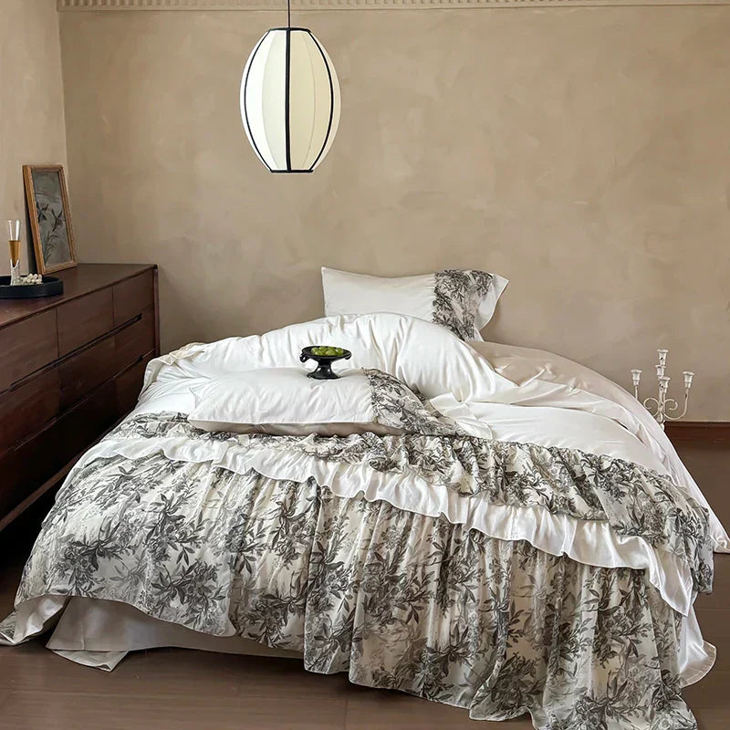 DecorBites™ Luxe Lace Ruffles Wedding Bedding Set: Duvet Cover, Bed Sheet, 2 Pillowcases