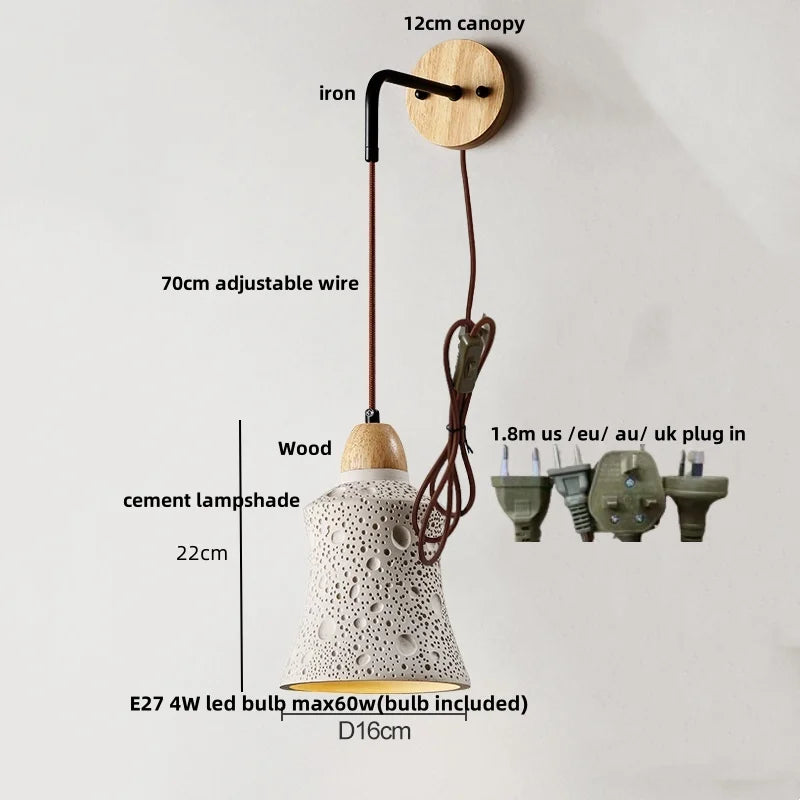 DecorBites™ Japanese Style LED Wall Light Cement Bedside Lamp with Pull Chain Switch