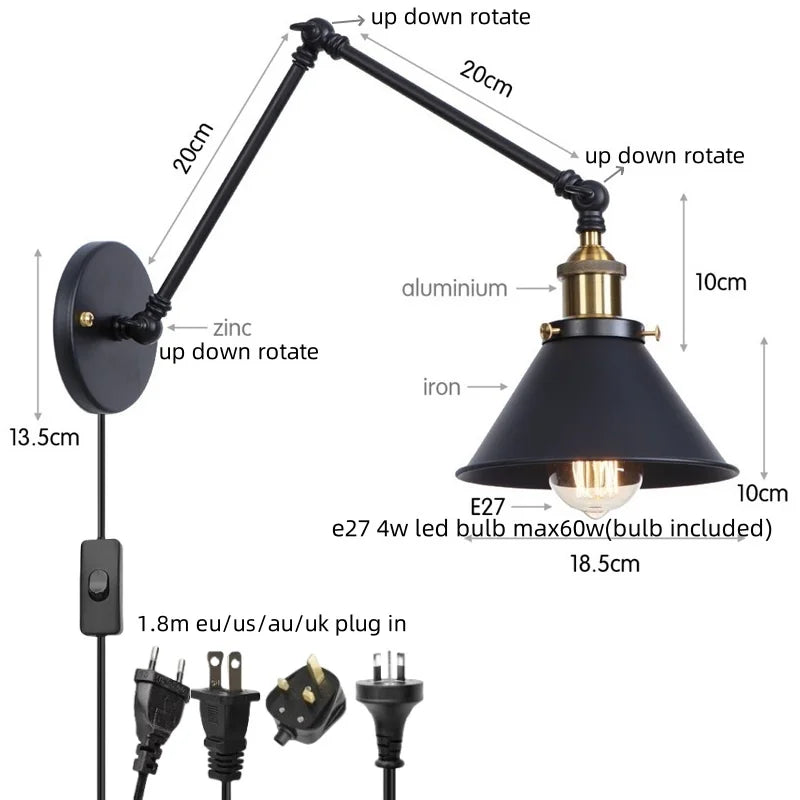DecorBites™ Gold Long Arm LED Wall Sconce with Pull Chain Switch