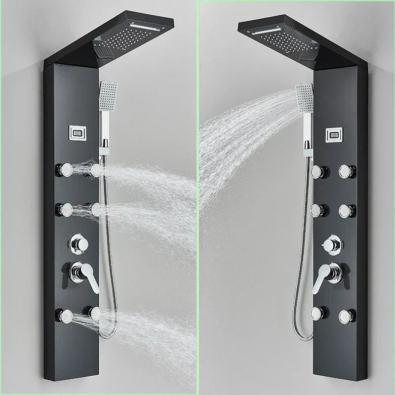 DecorBites™ Black Shower Panel Column Wall Mount Rainfall Waterfall Faucet Hot Cold Mixer Tap