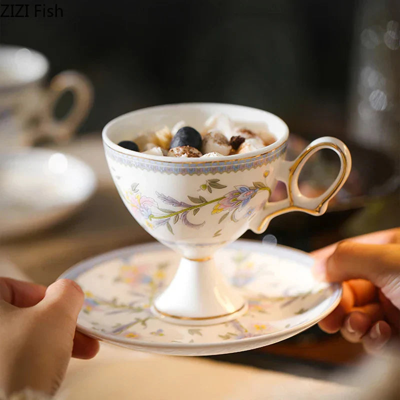 ™ Gold Flower Ceramic Cup & Saucer Set - Elegant Goblet Mugs for Coffee, Tea, Juice