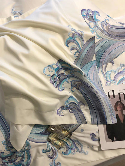 DecorBites™ Blue Tides Waves Embroidery 1200TC Luxury Bedding Set with Duvet Cover, Sheet, Pillowcases