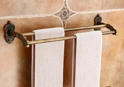 DecorBites™ Antique Bronze Carved Aluminum Bathroom Accessories Set: Towel Rack, Paper Holder, Hooks