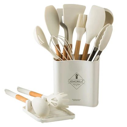 DecorBites™ 10/13 PCS Silicone Kitchen Cookware Set - High Temperature Resistant Non-Stick with Wooden Handle
