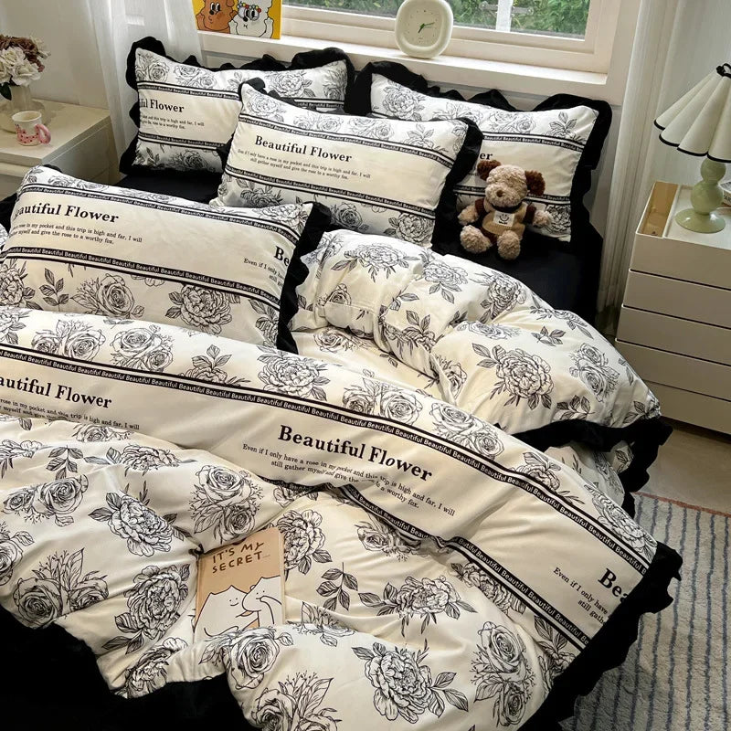 DecorBites™ Black White Printed Bed Skirt Bedding Set - Cozy Skin Friendly Linens