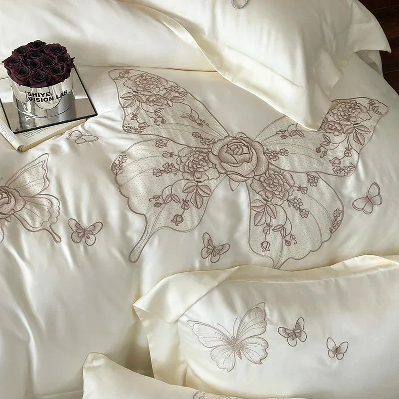 DecorBites™ Butterfly Flowers Embroidery 800TC Eucalyptus Fiber Bedding Set