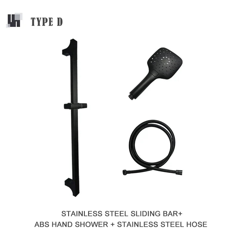 DecorBites™ Black Shower Slider Adjustable Rail Set 3 Functions Simple Style 1.5M Hose