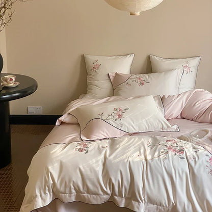 DecorBites™ Chinese Flowers Embroidery Luxury Bedding Set - 1000TC Egyptian Cotton Duvet Cover, Flat Sheet, Fitted Sheet, Pillowcases