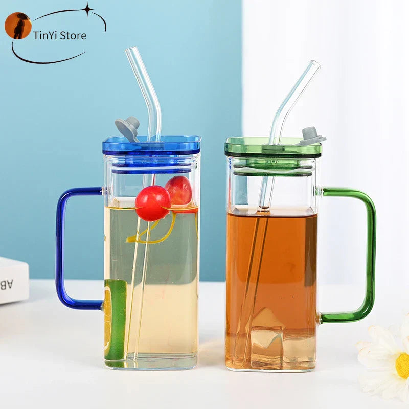 DecorBites™ Glass Drinking Cups with Straw & Acrylic Lid, Colored Handle Layer for Beverages