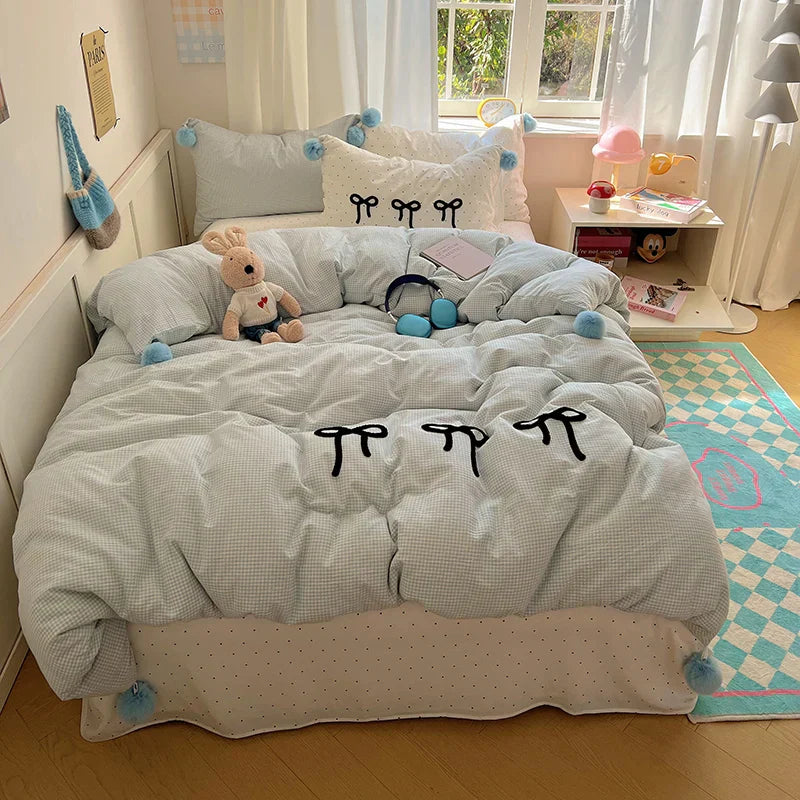 DecorBites™ Korean Princess Bow Lattice Pompom Bedding Set - Single Queen Size