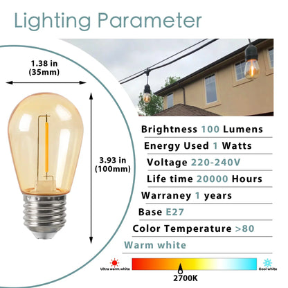 DecorBites™ Amber Plastic Bulbs: Waterproof 2700K LED E27 String Light for Patio Outdoor Decor