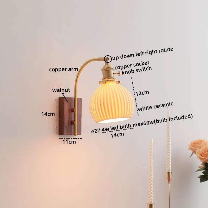 DecorBites™ Ceramic Walnut LED Wall Lights Modern Bedside Lamp - Knob Switch