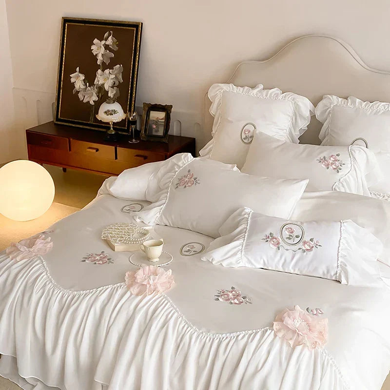 ™ Lace Ruffles Flowers Embroidery 4Pc Egyptian Cotton Bedding Set
