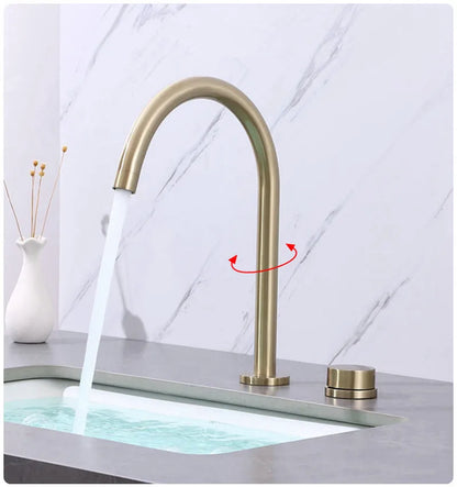 DecorBites™ Brushed Gold Basin Faucet: Widespread Chrome Sink Tap with 360 Rotation