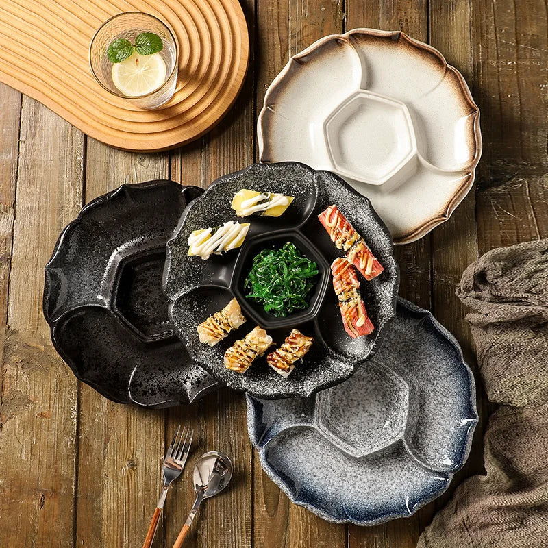 DecorBites™ Ceramic 4-Grid Dinner Plate - Retro Tableware for Fruits, Snacks, and Desserts