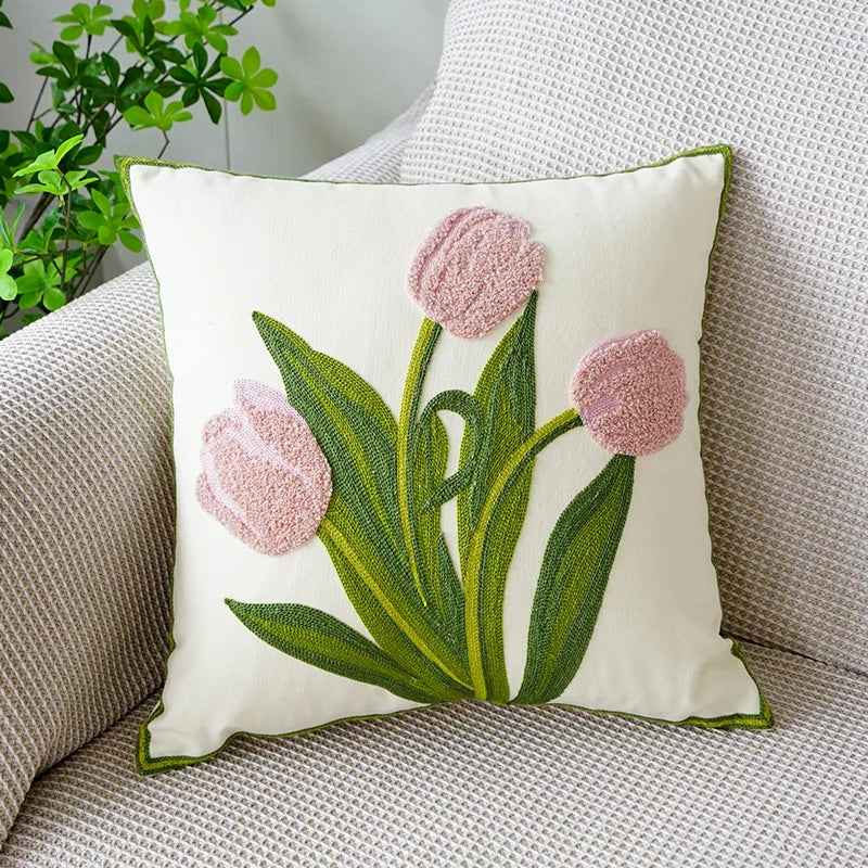 DecorBites™ Boho Floral Embroidered Canvas Cushion Cover 45*45cm for Living Room