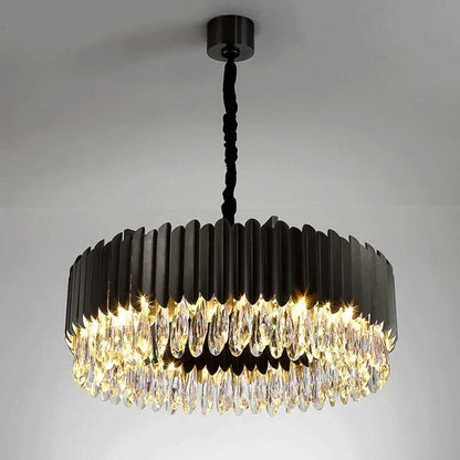 DecorBites™ Crystal Chandelier: Black Gold Round LED Pendant Light for Living Room or Bedroom
