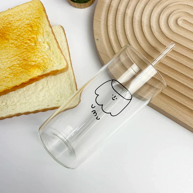 DecorBites™ Cartoon Glass Cup with Straw for Drinking, Transparent Juice Mug, Practical Kitchen Drinkware