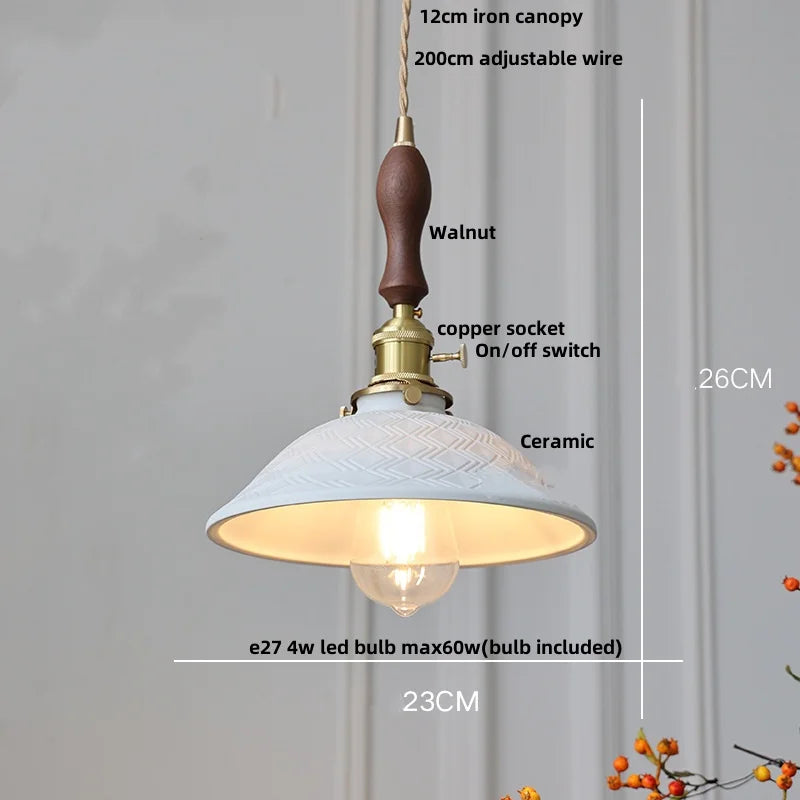 DecorBites™ LED Pendant Light Fixture Walnut Wood Ceramic Knob Switch Hanging Lamp