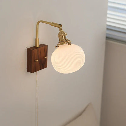 ™ Globe Ceramic Walnut Wood Wall Light with Pull Chain Switch and Rotatable Design