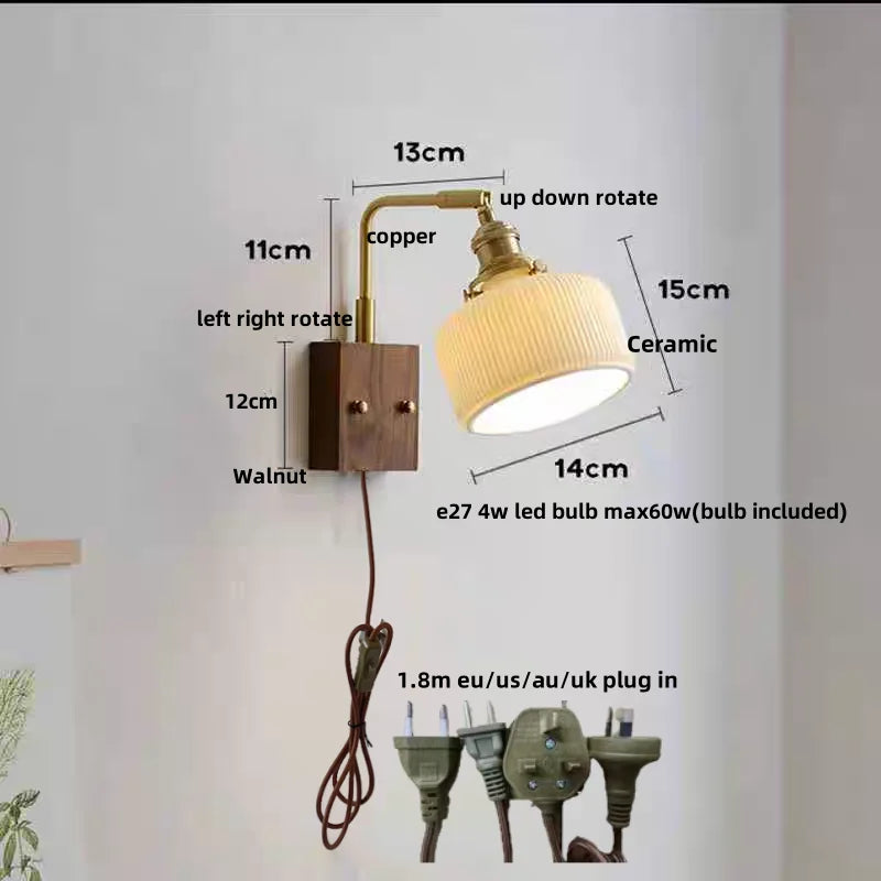 DecorBites™ LED Wall Light Walnut Wood Rotate Copper Bedside Lamp