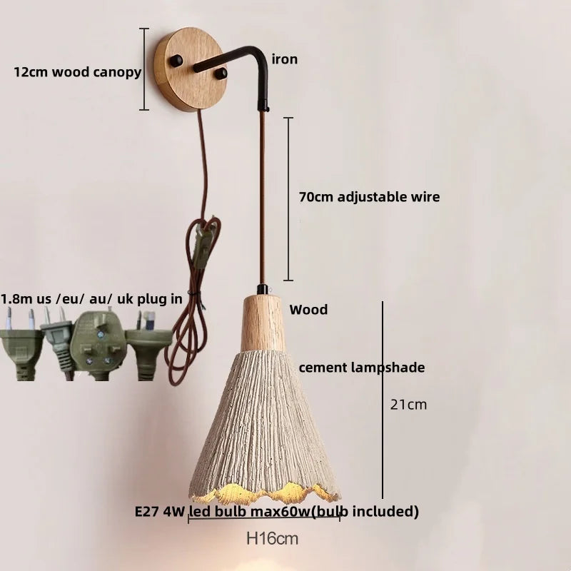 DecorBites™ LED Cement Wall Light with Pull Chain & Wood Socket - Nordic Modern Sconce