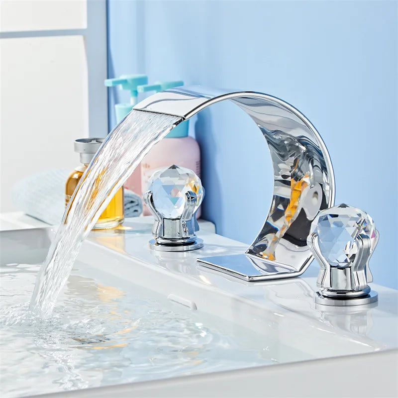 ™ Gold Crystal Handle Bathroom Faucet - Widespread Brass Sink Tap